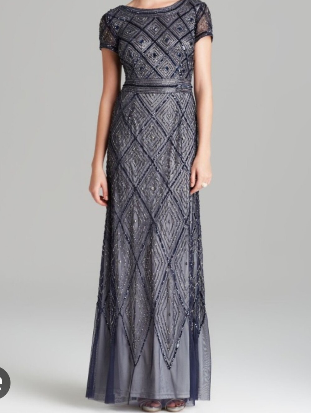 Beaded Navy Evening Dress with Sheer Sleeves - Adrianna Papell